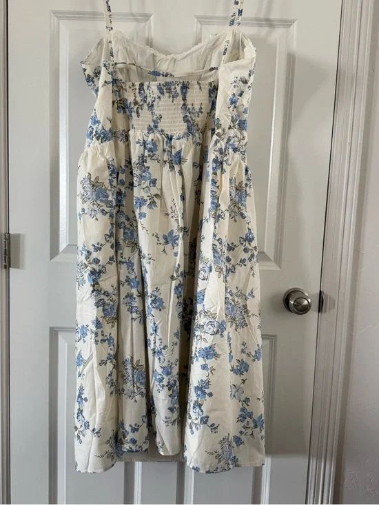 100% Cotton Cream Midi Dress with Blue Floral Print - Picture 8 of 8